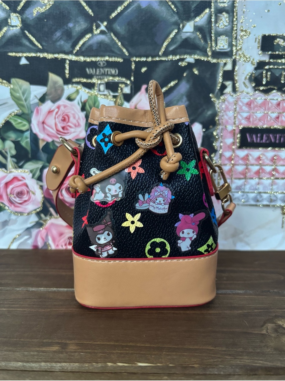 Adorable Black Multicolor Mini Bucket Bag with Tan Trim